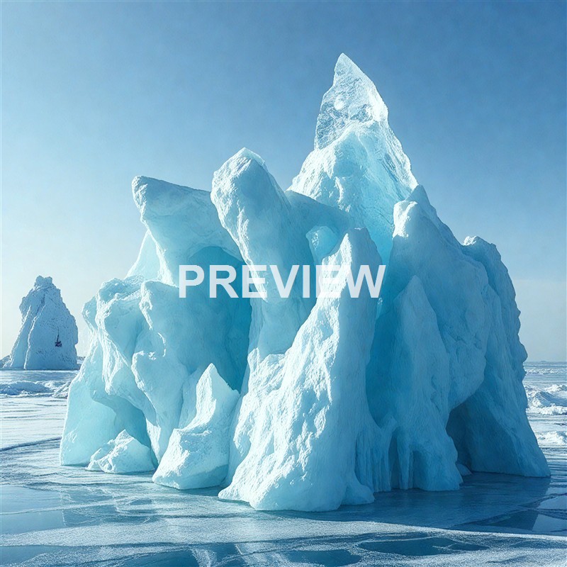 A large, jagged iceberg with sharp peaks and deep crevices floating in the ocean under a clear blue sky.